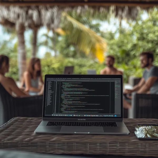 Team collaborating in an outdoor workspace